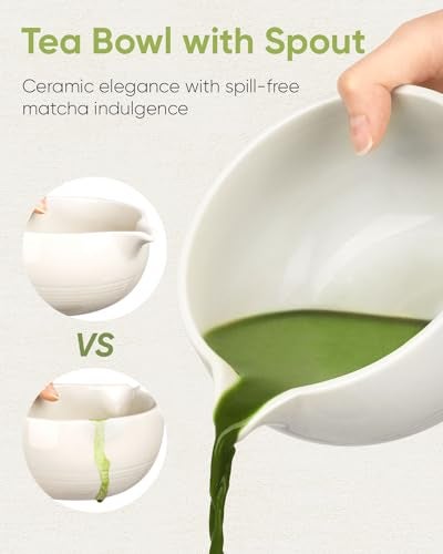 Joiish Matcha Bowl and Whisk Holder Set, Ceramic Tea Bowl and Whisk Stand, Matcha Tea Mixing Bowl with Spout (18 Ounce), Whisk Rest, Ivory White - Image 3