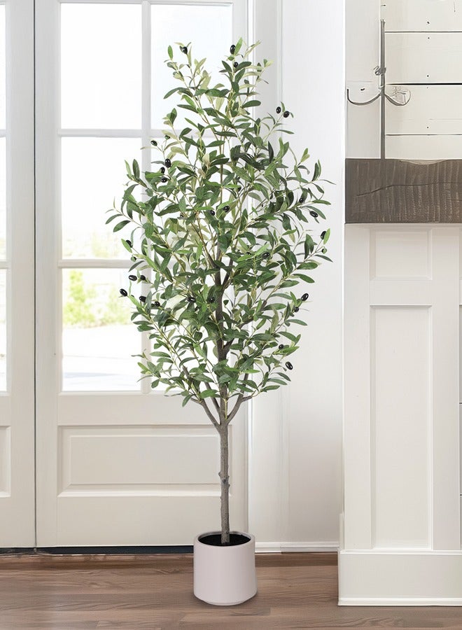 Generic yepdin Olive Tree Artificial Indoor, 160 cm Tall Silk Faux Olive Tree with White Planter, Artificial Plants with Natural Wood Trunk and Lifelike Fruits for Home Office Decor  - Image 5