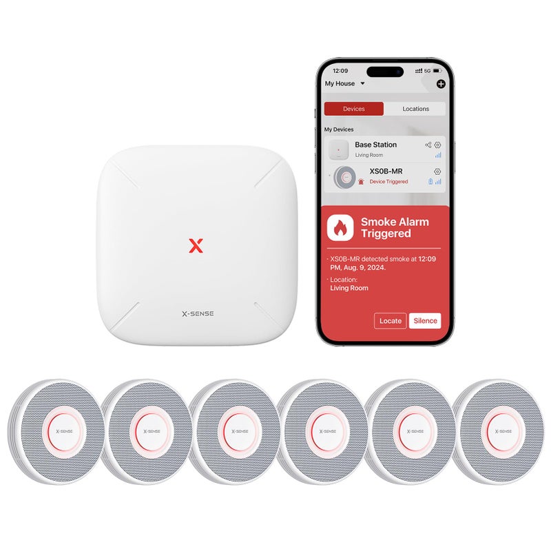اكس سينس كاشف الدخان الذكي X-Sense مع تنبيهات صوتية و 17 موقعًا إنذار دخان Wi-Fi مع اختبار محطة SBS50 من App Model Wireless Internist Model XS0B-MR61 - Image 1