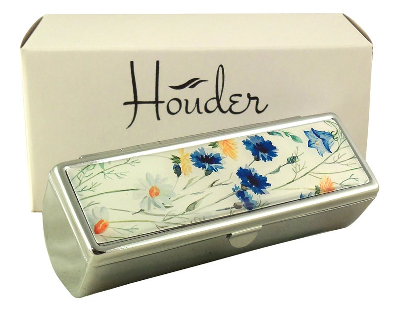 Houder Designer Lipstick Case with Mirror for Purse - Decorative Lipstick Holder with Gift Box - Velvet Lined - Protect Your Lipsticks in Style (Blue Flowers) - Image 2