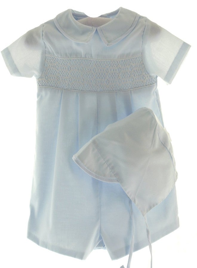 Petit Ami Infant Boys Blue Smocked Baptism Romper Outfit & Hat Set-3M