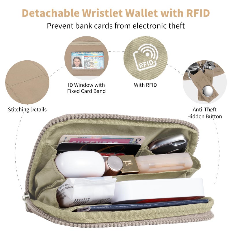 Tiostep Clip and Go Strap for Phone with Wallet Crossbody Phone Lanyard with Anti-Theft Zipper Pouch Detachable Quilted Wrist Wallet with RFID and ID Window for Daily Travel. Khaki - Image 3