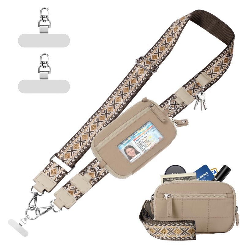 Tiostep Clip and Go Strap for Phone with Wallet Crossbody Phone Lanyard with Anti-Theft Zipper Pouch Detachable Quilted Wrist Wallet with RFID and ID Window for Daily Travel. Khaki - Image 1