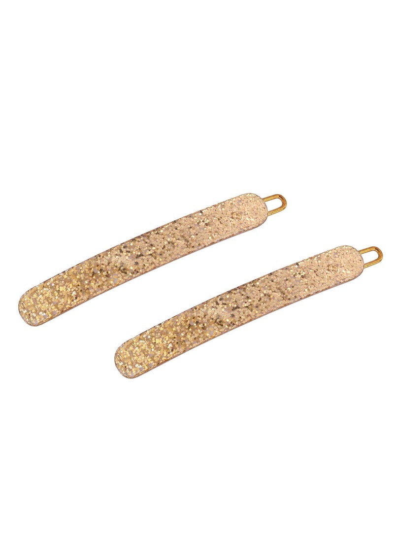 French Amie - French Amie Rounded Oblong Golden Glitter Small 2 14 Celluloid Acetate Set of 2 Side Slide In Hair Clip Barrettes with Tige Boule Clasp for Girls and Women Made in France - Image 1