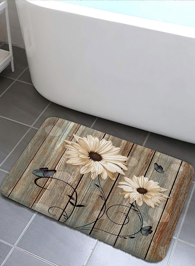 Bzhilja Rustic White Floral Bath Rug, Flower and Butterflies on Old Wooden Board Farmhouse Non Slip Bath Mats, Barn Wood Vintage Daisy Bath Rug Sets for Bathroom Bedroom Kitchen Outdoor Indoor,17x29 Inch… - Image 1