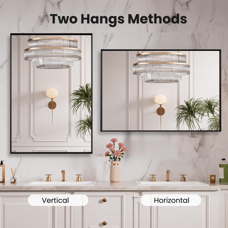 LOAAO Black Bathroom Mirror 24"X32" for Wall, Rectangle Bathroom Vanity Mirror, Hangs Vertically or Horizontally, Easy to Install, Modern Design - Image 4