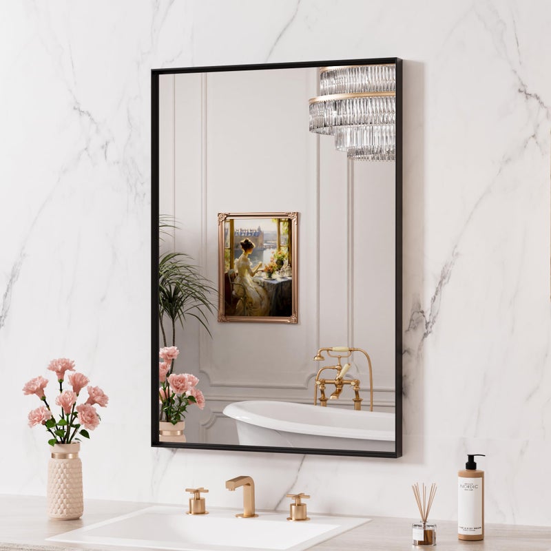 LOAAO Black Bathroom Mirror 24"X32" for Wall, Rectangle Bathroom Vanity Mirror, Hangs Vertically or Horizontally, Easy to Install, Modern Design - Image 3