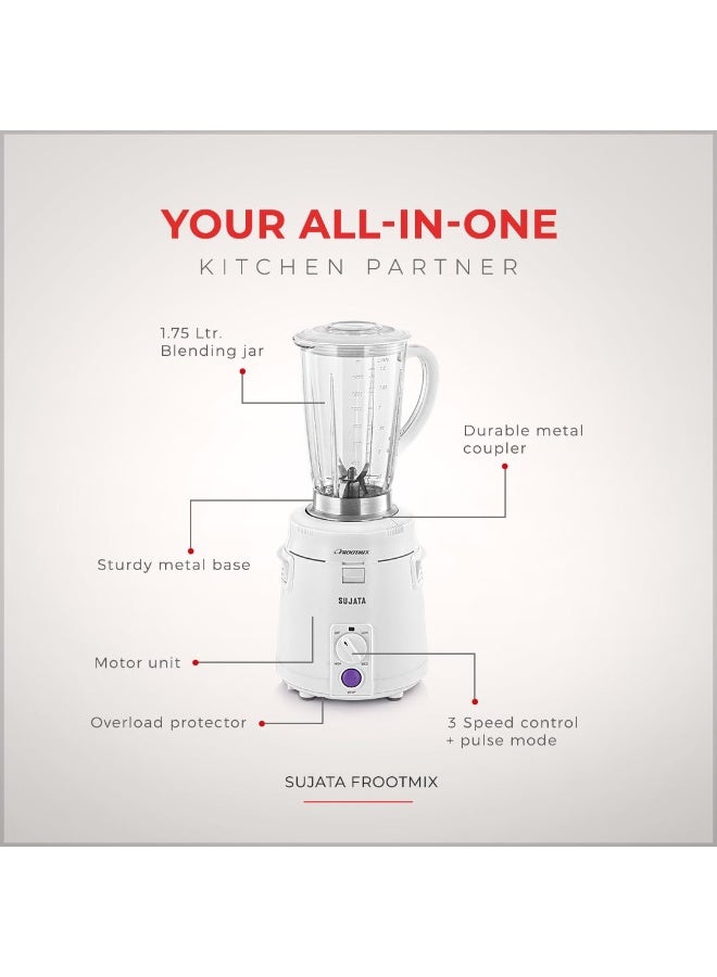 سوجاتا Sujata Frootmix Mixer Blender|900 Watts Double Ball Bearing Motor|22000 RPM|Non-Stop 90 Mins Running|1750ml Unbreakable Blender Jar with Heavy Metal Base| (White) - Image 2