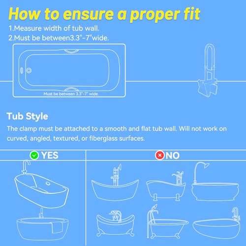 Icedeer Bathtub Grab Bars for Seniors, Tub Handle Grab Bar for Elderly Bath Support, Bathtub Safety Rail, Assistance Bathtub Handle Clamp for Bathroom, 3.3"- 7" Width Adjustable, White - Image 2