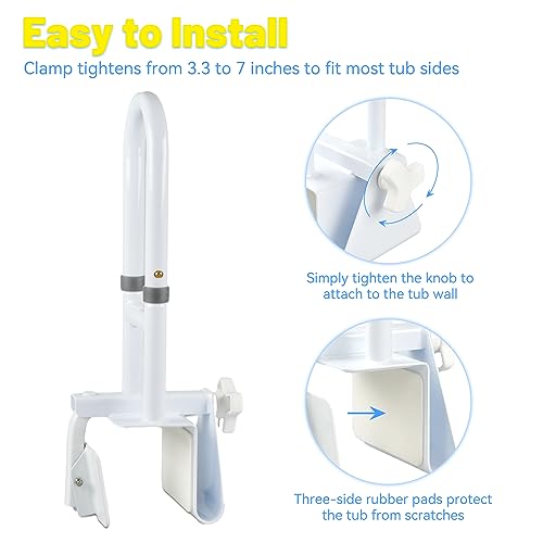 Icedeer Bathtub Grab Bars for Seniors, Tub Handle Grab Bar for Elderly Bath Support, Bathtub Safety Rail, Assistance Bathtub Handle Clamp for Bathroom, 3.3"- 7" Width Adjustable, White - Image 4