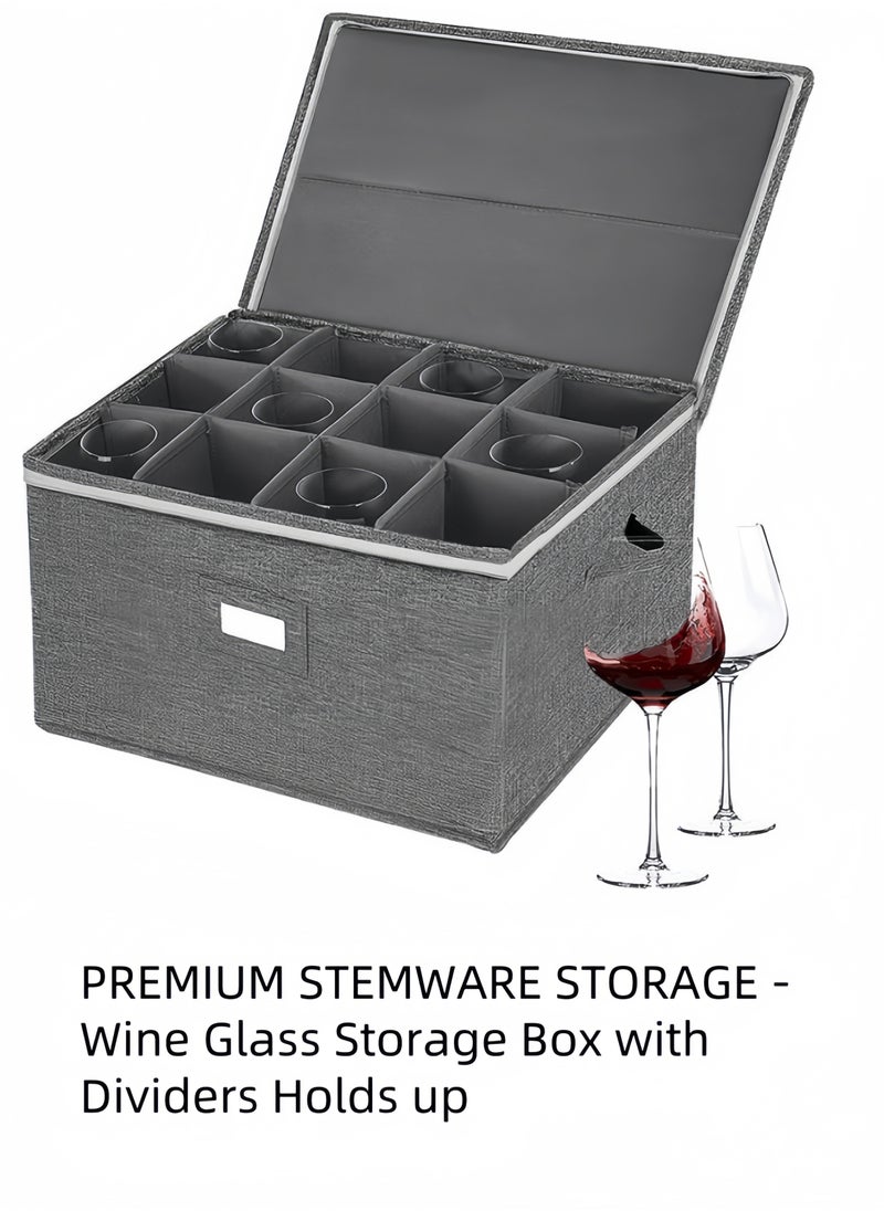 Stemware Storage Containers , Mug Glass Storage Box with Dividers for Glassware or Crystal, Holds 12 Glasses or Mug, Hard Top and Stackable (Grey)