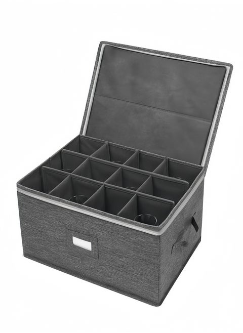 Stemware Storage Containers , Mug Glass Storage Box with Dividers for Glassware or Crystal, Holds 12 Glasses or Mug, Hard Top and Stackable (Grey)