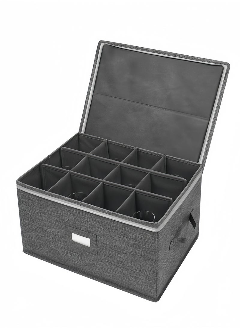 Stemware Storage Containers , Mug Glass Storage Box with Dividers for Glassware or Crystal, Holds 12 Glasses or Mug, Hard Top and Stackable (Grey)