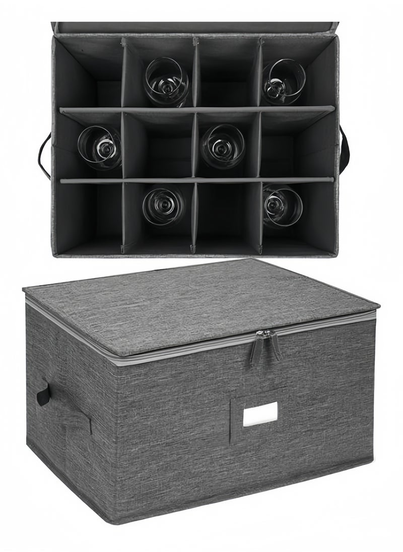 Stemware Storage Containers , Mug Glass Storage Box with Dividers for Glassware or Crystal, Holds 12 Glasses or Mug, Hard Top and Stackable (Grey)