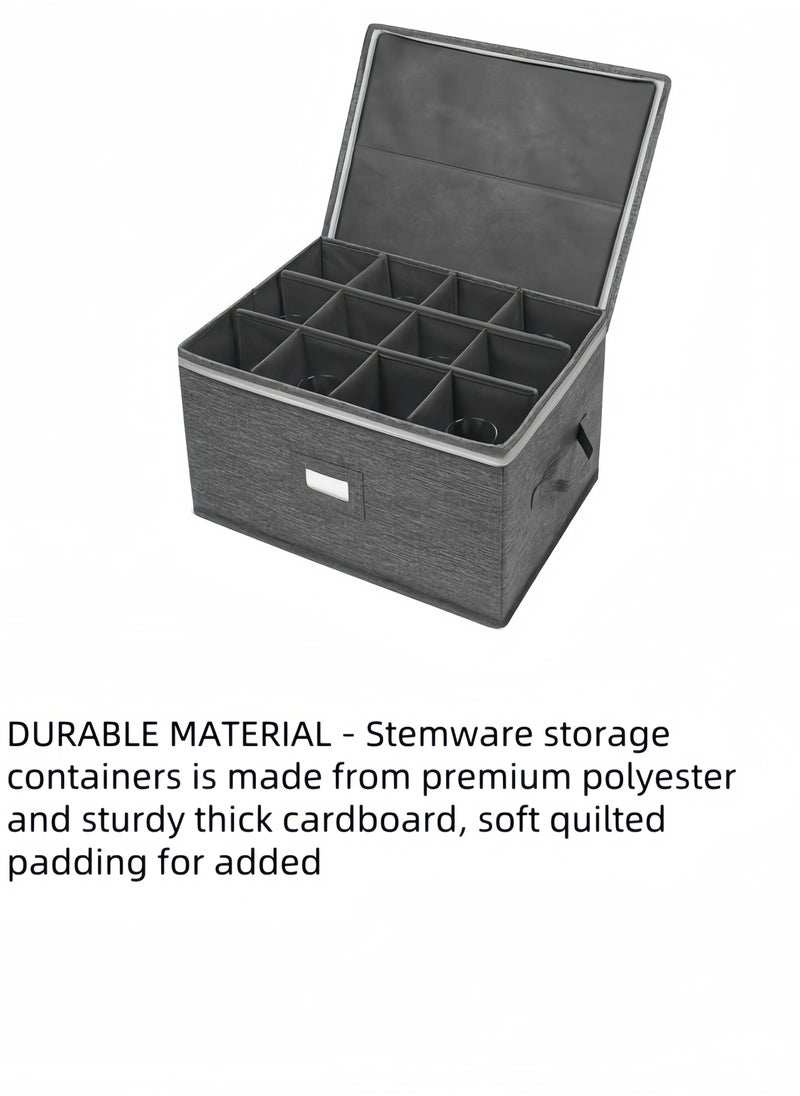 Stemware Storage Containers , Mug Glass Storage Box with Dividers for Glassware or Crystal, Holds 12 Glasses or Mug, Hard Top and Stackable (Grey)