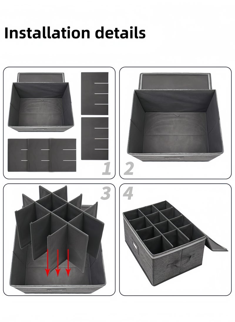 Stemware Storage Containers , Mug Glass Storage Box with Dividers for Glassware or Crystal, Holds 12 Glasses or Mug, Hard Top and Stackable (Grey)