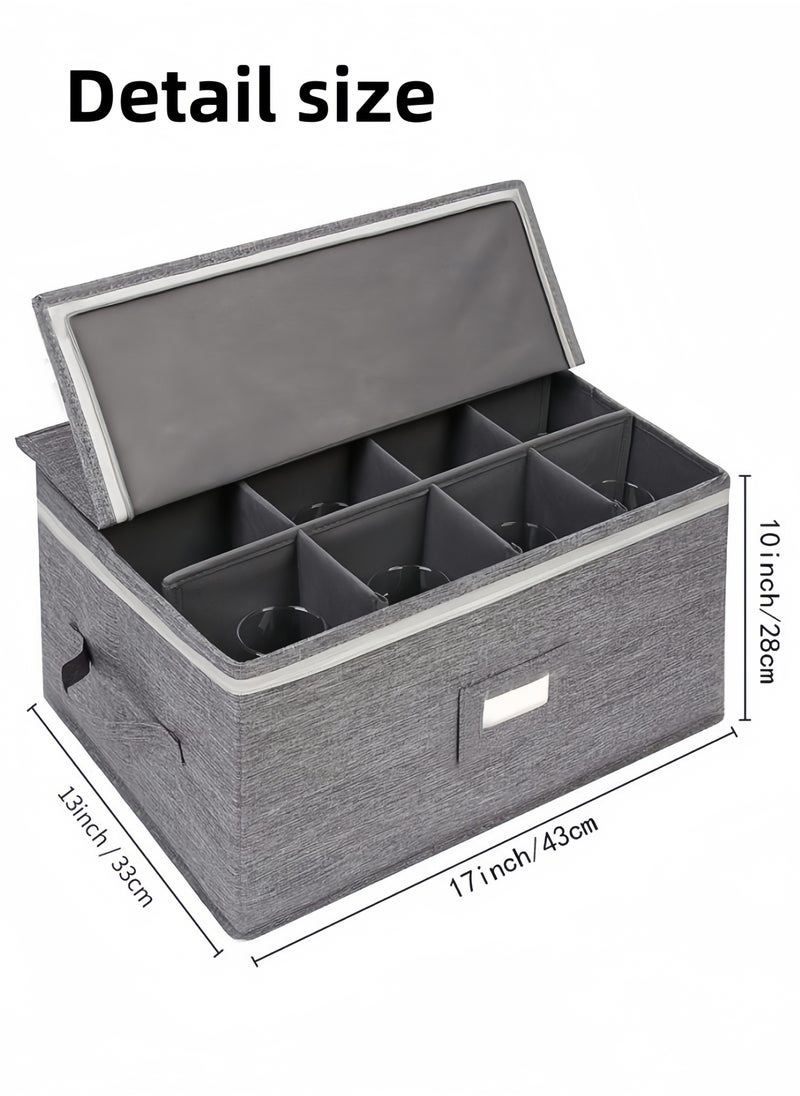 Stemware Storage Containers , Mug Glass Storage Box with Dividers for Glassware or Crystal, Holds 12 Glasses or Mug, Hard Top and Stackable (Grey)