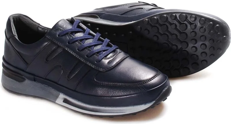 Fast Step Men's Genuine Leather Sneakers Casual Comfortable Sports Walking Casual Lace-Up Shoes Navy Blue 600ma326