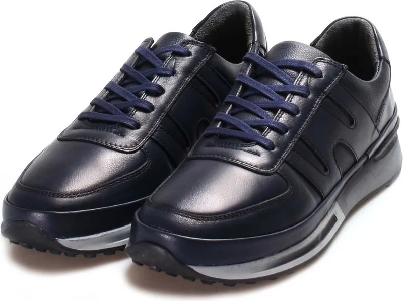 Fast Step Men's Genuine Leather Sneakers Casual Comfortable Sports Walking Casual Lace-Up Shoes Navy Blue 600ma326