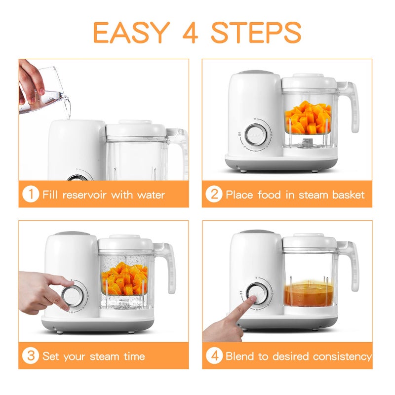 AMZBABYCHEF صانع طعام الأطفال AMZBABYCHEF، 4 في 1، محضر طعام الأطفال ومبخر، خلاط هريس، صانع هريس متعدد الوظائف، آمن للغسل في غسالة الصحون، أبيض - Image 4