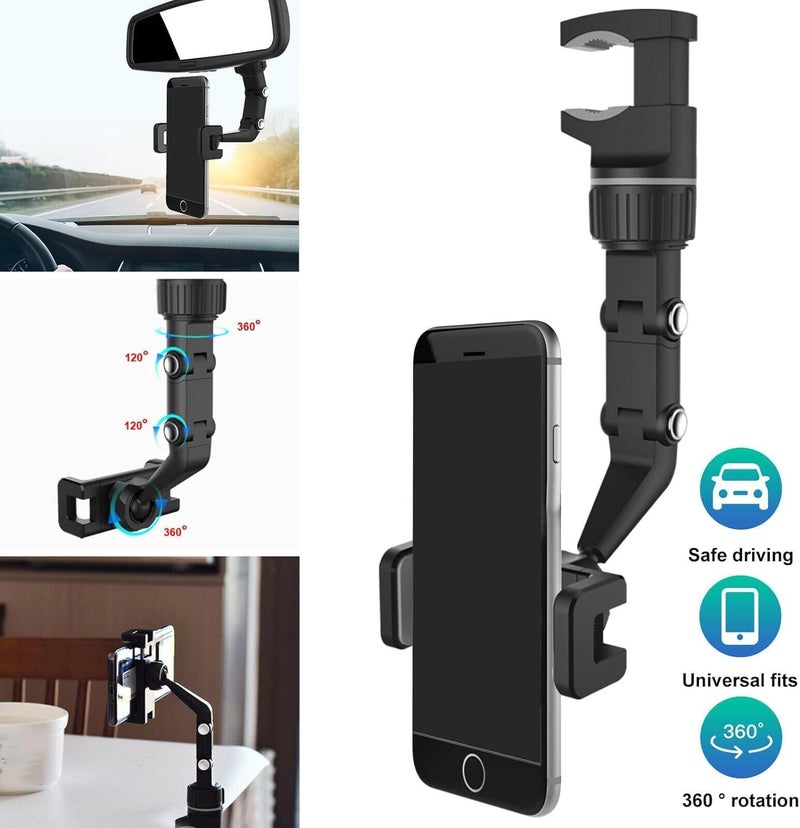 ChicAbode حامل هاتف عالمي للسيارة، حامل على مرآة الرؤية الخلفية، ذراع قابل للتعديل، دوران 360 درجة، متوافق مع الهواتف الذكية حتى 7 بوصات - Image 2