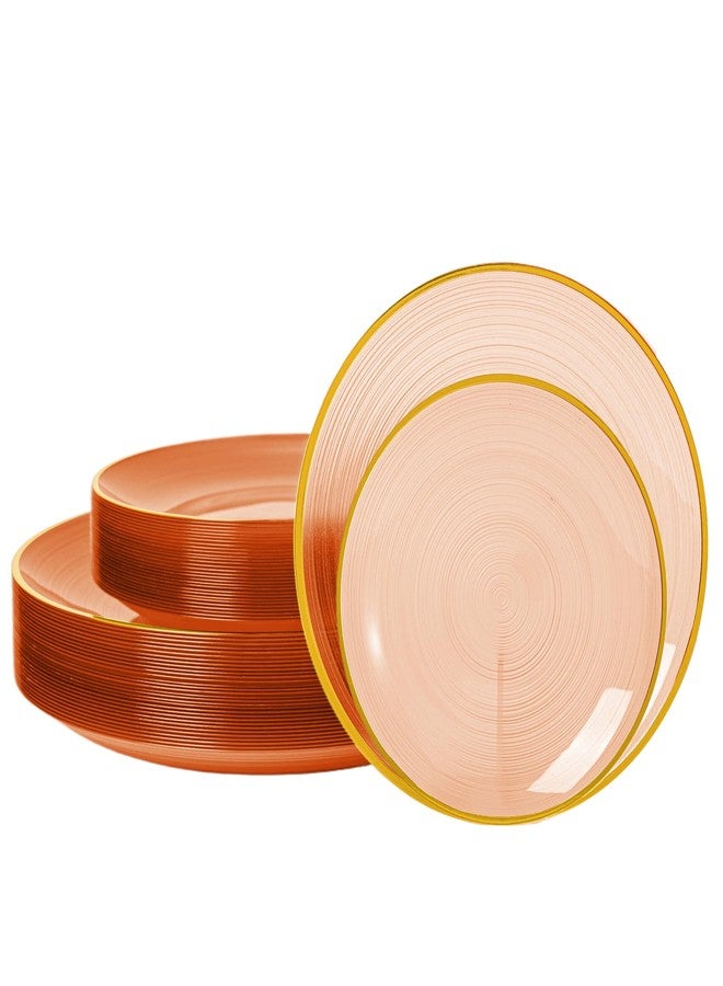 N9R 60PCS Orange Plastic Plates with Gold Rim, Elegant Disposable Plates, Circular Ribbed Design, 30 Dinner & 30 Dessert Plate for Parties, Weddings, Banquets and Events (Translucent Orange) - Image 1