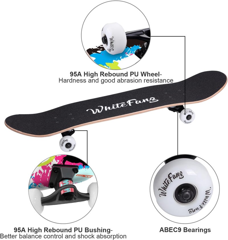 WhiteFang Skateboards for Beginners, Complete Skateboard 31 x 7.88, 7 Layer Canadian Maple Double Kick Concave Standard and Tricks Skateboards for Kids and Beginners - Image 5