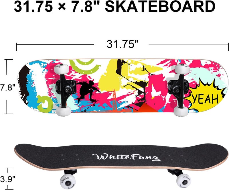 WhiteFang Skateboards for Beginners, Complete Skateboard 31 x 7.88, 7 Layer Canadian Maple Double Kick Concave Standard and Tricks Skateboards for Kids and Beginners - Image 2