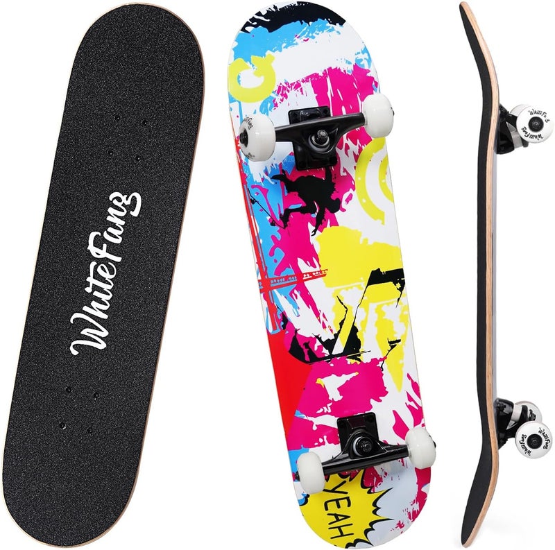 WhiteFang Skateboards for Beginners, Complete Skateboard 31 x 7.88, 7 Layer Canadian Maple Double Kick Concave Standard and Tricks Skateboards for Kids and Beginners - Image 1