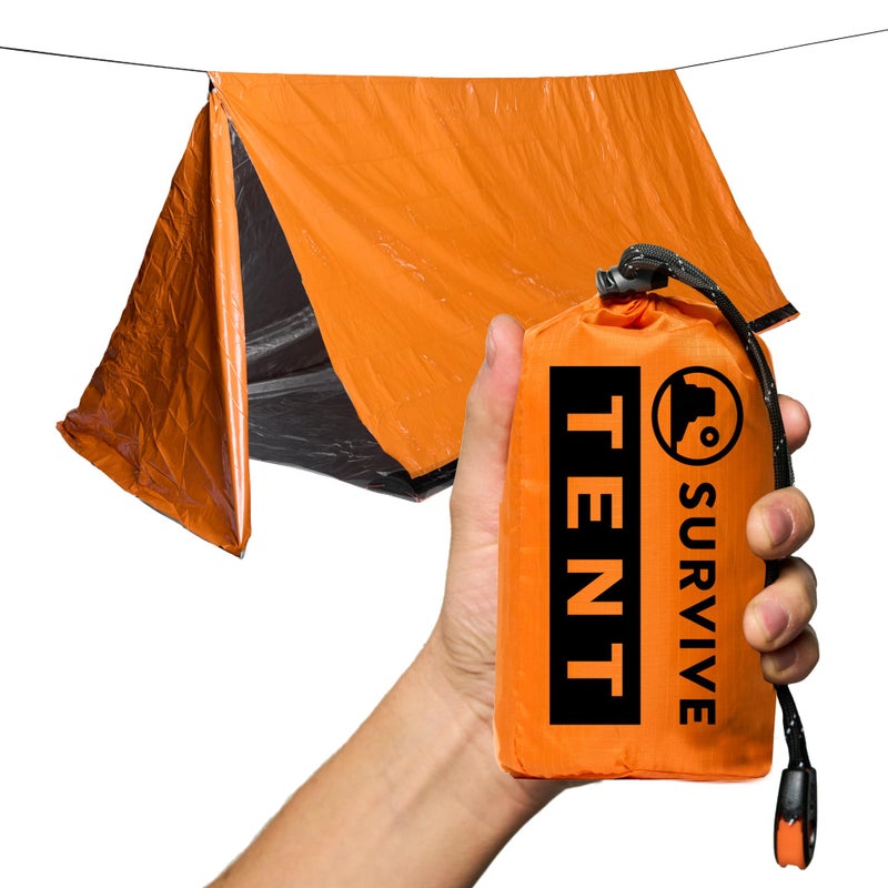 SURVIVE Survival Tent with Doors, 2 Person Mylar Emergency Camping Hiking Shelter for Survival Kits, All Weather Thermal Protection, Includes 22 feet of Paracord and Whistle (Orange) - Image 1