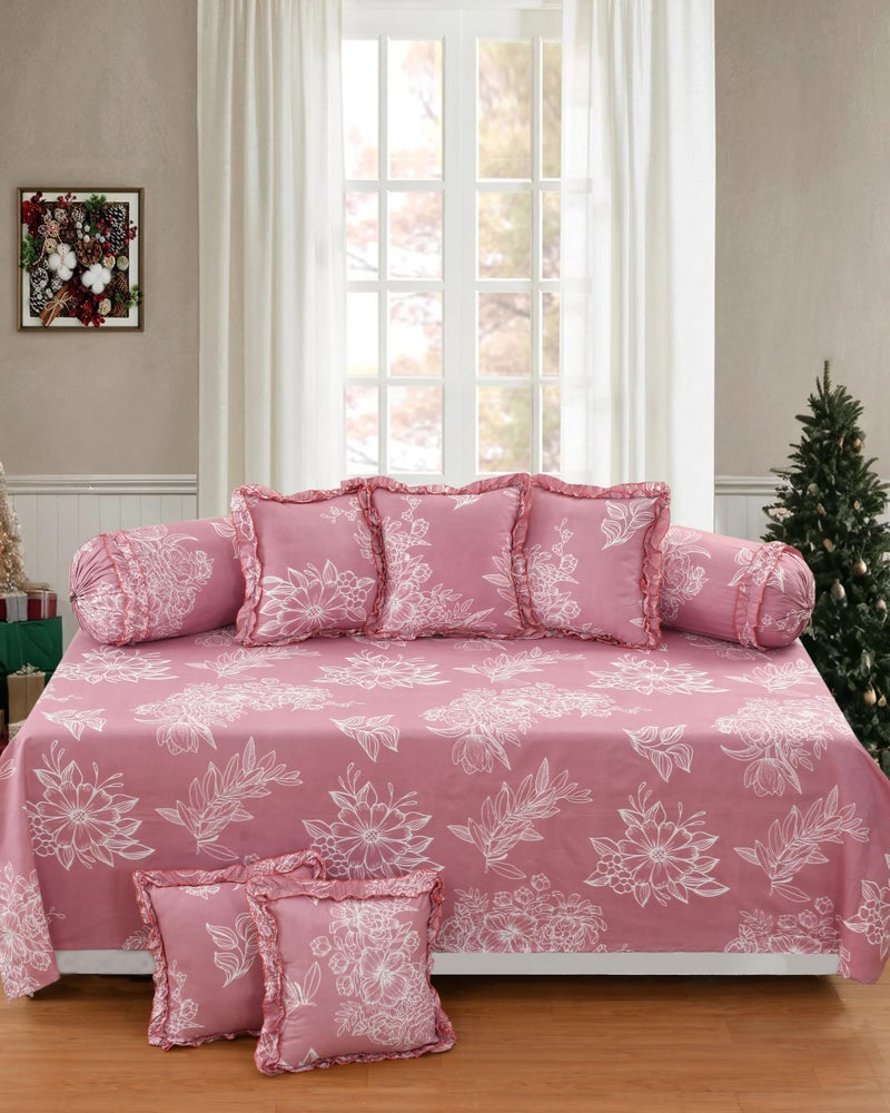 S&S Sands® 180 TC Pure Cotton Floral Designer Frill Diwan Set of 8 Pieces for Living Room Dining Hall (1Single Bedsheet, 5 Frill Cushion Covers, 2 Frill Bolster - Set of 8) - Image 1