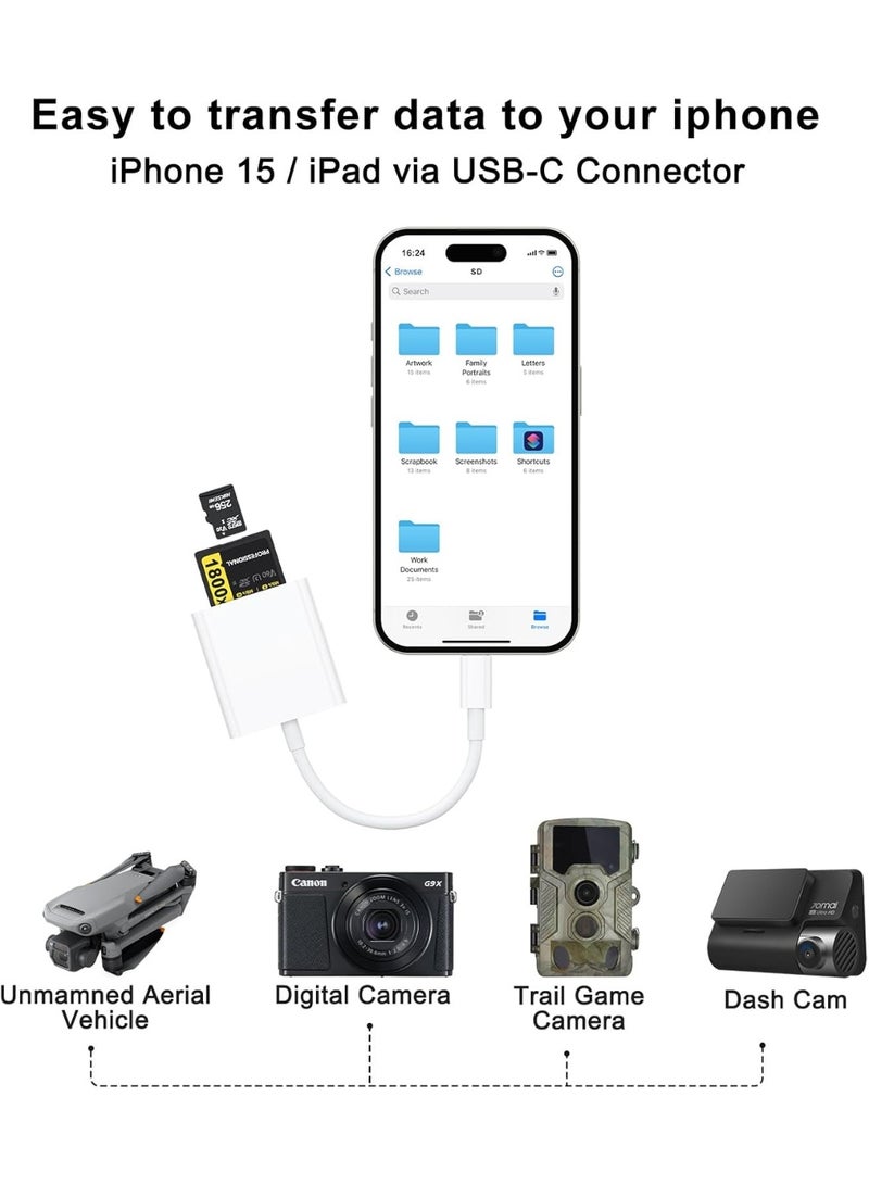 USB C SD Card Reader for iPhone 17 16 15/iPad/MacBook/Mac, Type C SD Reader Supports SD and MicroSD Memory Card Adapter, Trail Camera Viewer Plug and Play - 2 Slots - Image 3