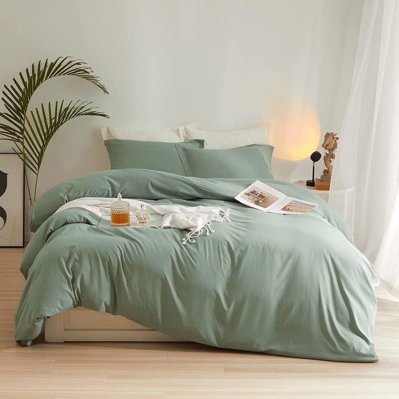 AMWAN Sage Green Duvet Cover Full Size Soft Washed Microfiber 3 Pieces Bedding Set 1 Duvet Cover 80”x90” with 2 Pillowcases Light Green Comforter Cover Modern Soft Full Duvet Cover with Zipper Closure - Image 1