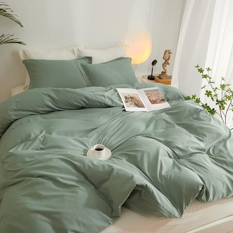 AMWAN Sage Green Duvet Cover Full Size Soft Washed Microfiber 3 Pieces Bedding Set 1 Duvet Cover 80”x90” with 2 Pillowcases Light Green Comforter Cover Modern Soft Full Duvet Cover with Zipper Closure - Image 3