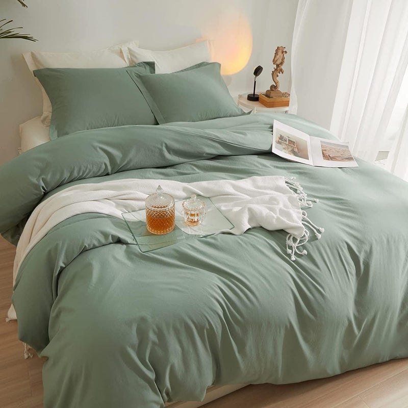 AMWAN Sage Green Duvet Cover Full Size Soft Washed Microfiber 3 Pieces Bedding Set 1 Duvet Cover 80”x90” with 2 Pillowcases Light Green Comforter Cover Modern Soft Full Duvet Cover with Zipper Closure - Image 5