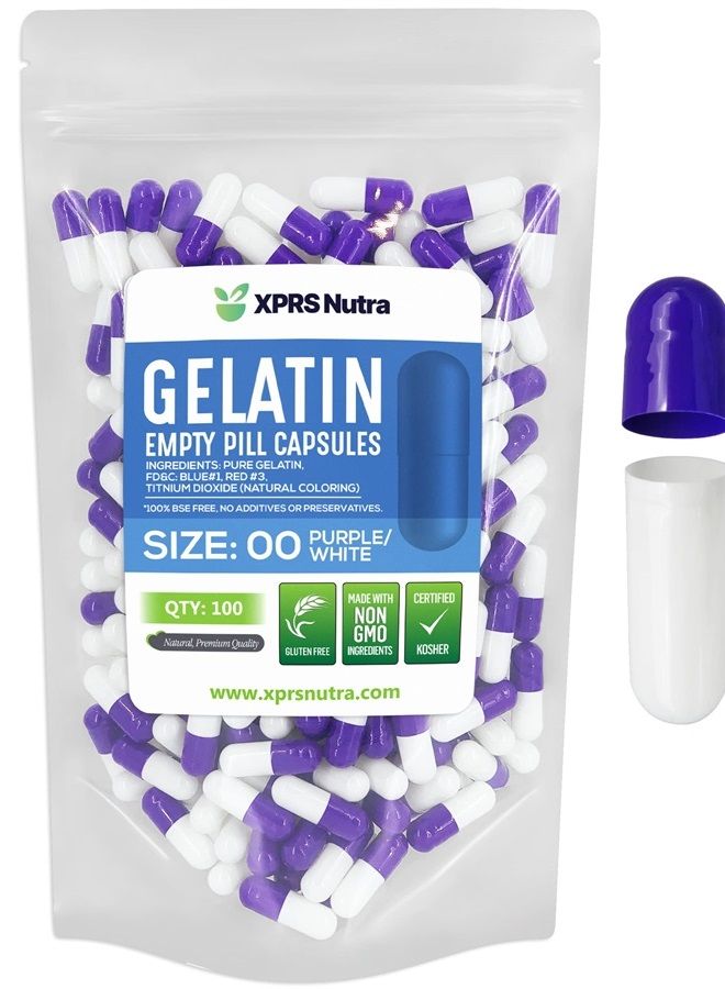 XPRS Nutra Size 00 Empty Capsules - 100 Count Empty Gelatin Capsules - Empty Pill Capsules for DIY Capsule Filling - Fillable Pill Capsules Empty Gel Caps (Purple/White) - Image 1