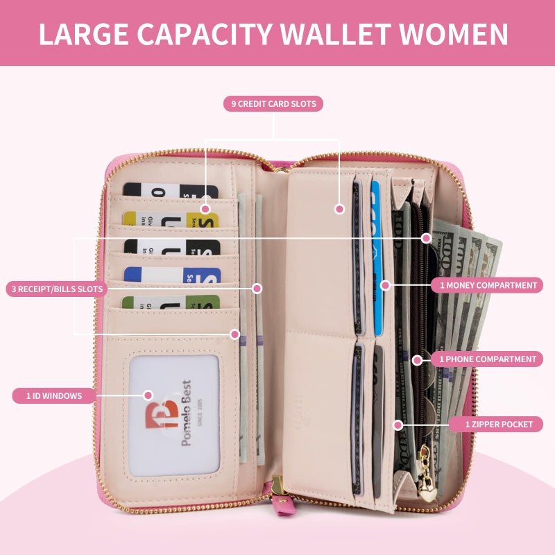Pomelo Best Womens Wallet RFID Blocking Leather Multi Credit Card Large Capacity Wristlet Zip Around Long Wallets for Lady Light Pink - Image 3