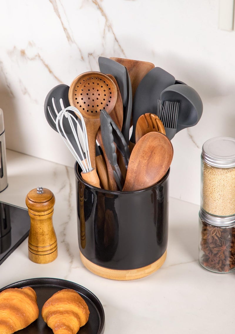 Nucookery 360° Rotating Utensil Holder, 7.2" Large Utensil Crock, White Ceramic Cooking Utensil Organizer with Countertop-Protection Cork Bottom for Farmhouse Kitchen Decor Gift (Black) - Image 3