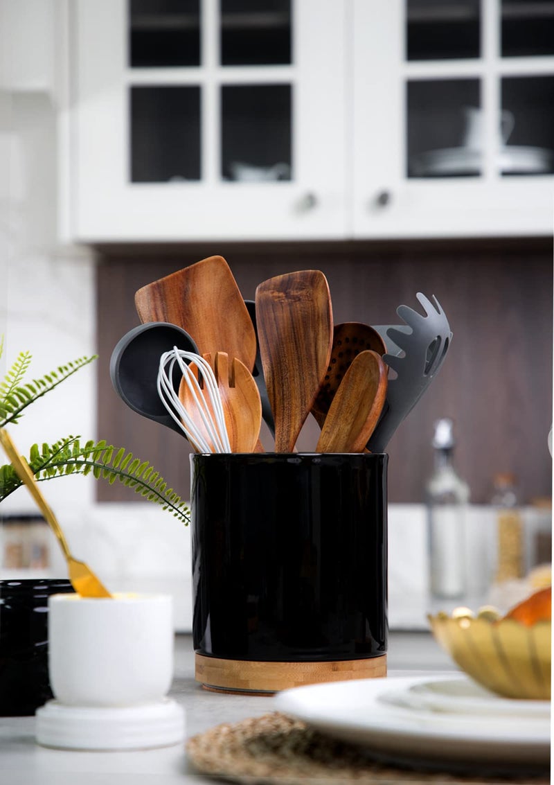 Nucookery 360° Rotating Utensil Holder, 7.2" Large Utensil Crock, White Ceramic Cooking Utensil Organizer with Countertop-Protection Cork Bottom for Farmhouse Kitchen Decor Gift (Black) - Image 2