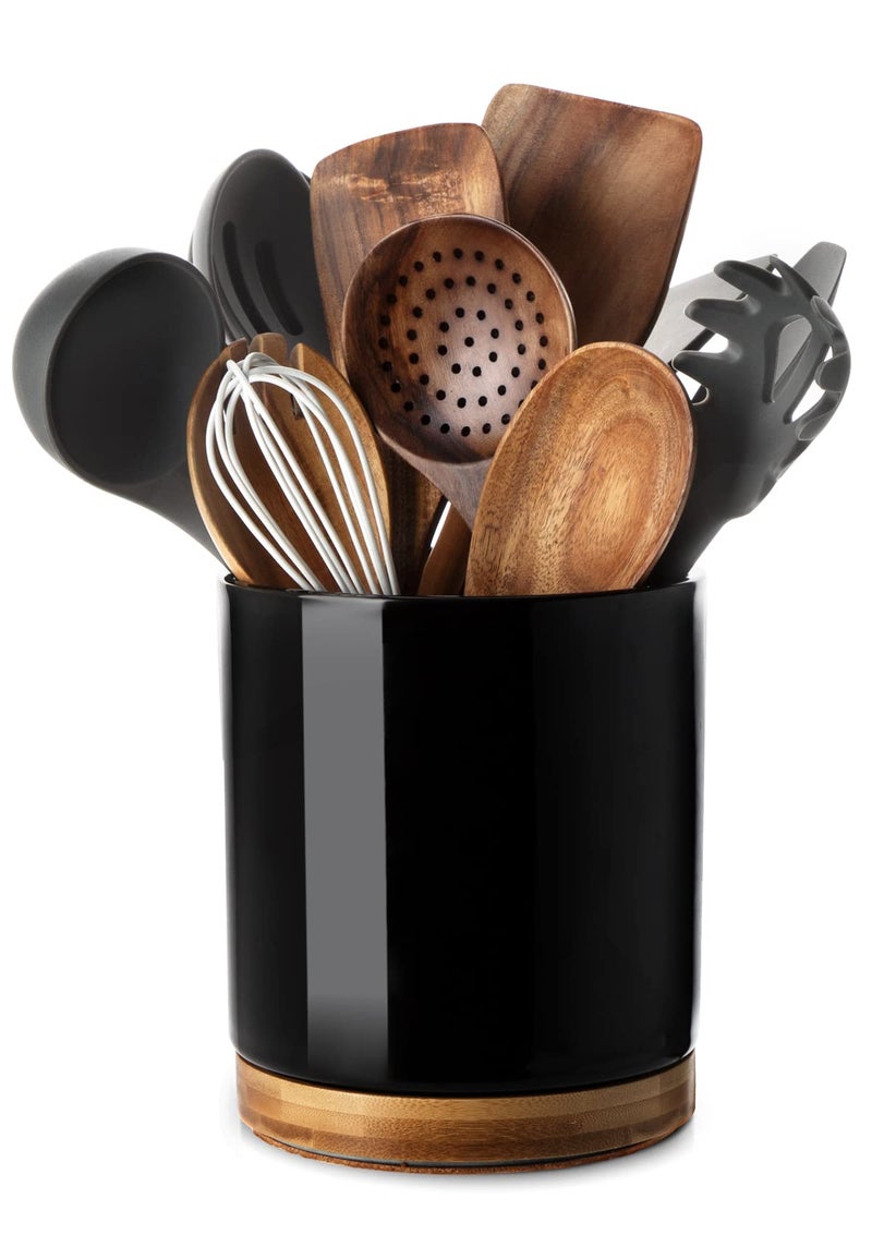 Nucookery 360° Rotating Utensil Holder, 7.2" Large Utensil Crock, White Ceramic Cooking Utensil Organizer with Countertop-Protection Cork Bottom for Farmhouse Kitchen Decor Gift (Black) - Image 1