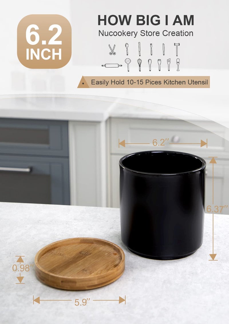 Nucookery 360° Rotating Utensil Holder, 7.2" Large Utensil Crock, White Ceramic Cooking Utensil Organizer with Countertop-Protection Cork Bottom for Farmhouse Kitchen Decor Gift (Black) - Image 4