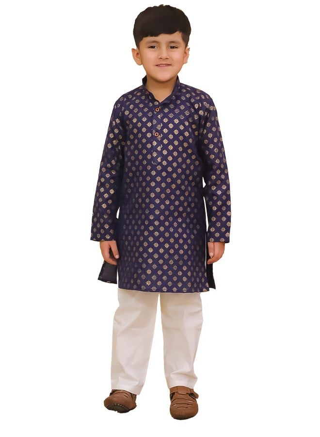AJ DEZINES Kids Cotton Full Sleeve Foil Printed Blue Kurta Pajama Set for Boys - Ethnic wear | Special Occasion & Traditional Outfit |Boys Kurta Set - Regular Fit (1297-BLUE-9-10Y-9) - Image 1