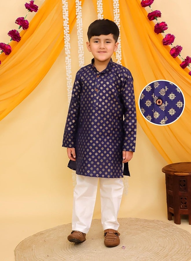 AJ DEZINES Kids Cotton Full Sleeve Foil Printed Blue Kurta Pajama Set for Boys - Ethnic wear | Special Occasion & Traditional Outfit |Boys Kurta Set - Regular Fit (1297-BLUE-9-10Y-9) - Image 2