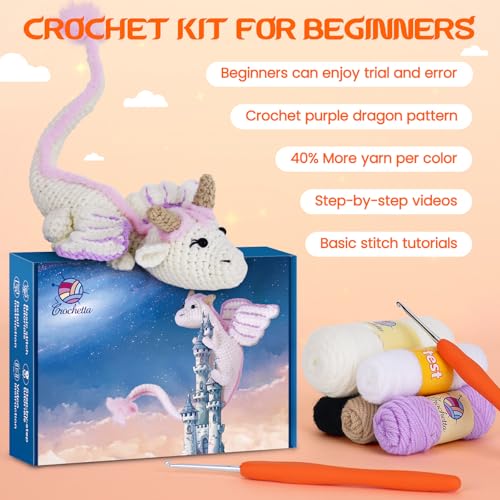 Crochetta Crochet Kit for Beginners, Beginner Crochet Kit for Adults with Step-by-Step Video Tutorials, DIY Crochet Animal Kits Knitting Supplies, Purple Dragon (40%+ Yarn) - Image 3