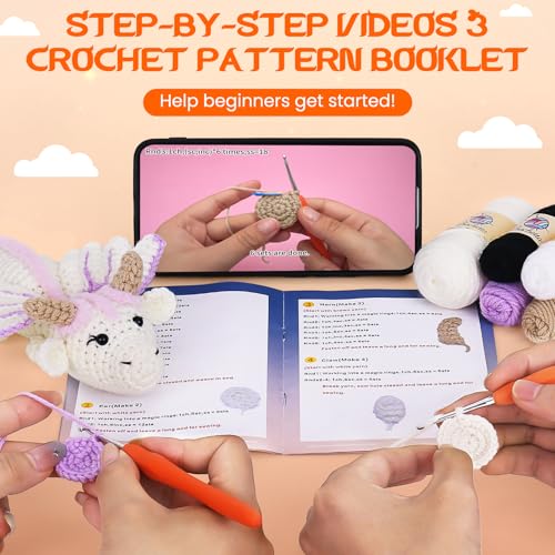 Crochetta Crochet Kit for Beginners, Beginner Crochet Kit for Adults with Step-by-Step Video Tutorials, DIY Crochet Animal Kits Knitting Supplies, Purple Dragon (40%+ Yarn) - Image 2