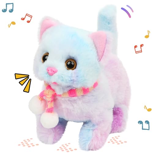 Easfan Walking Kitty Plush Toy Electric Interactive Cat Stuffed Animal Meowing Tail Wagging Head Nodding Cat Pet Toy Animated Kitten Birthday for Kids Toddlers75 Rainbow - Image 1