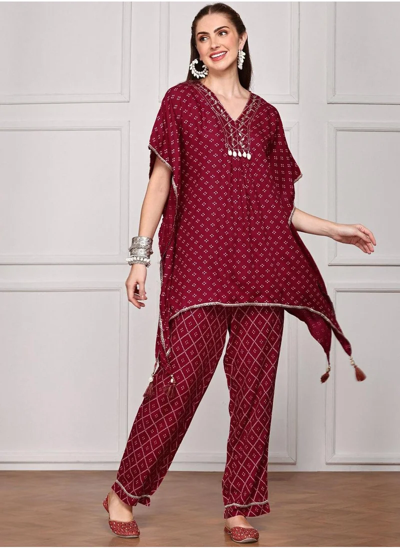 آي شين Women's Maroon 100% Viscose Embellished Tunic Full Length Palazzo Straight Fit Co-Ords