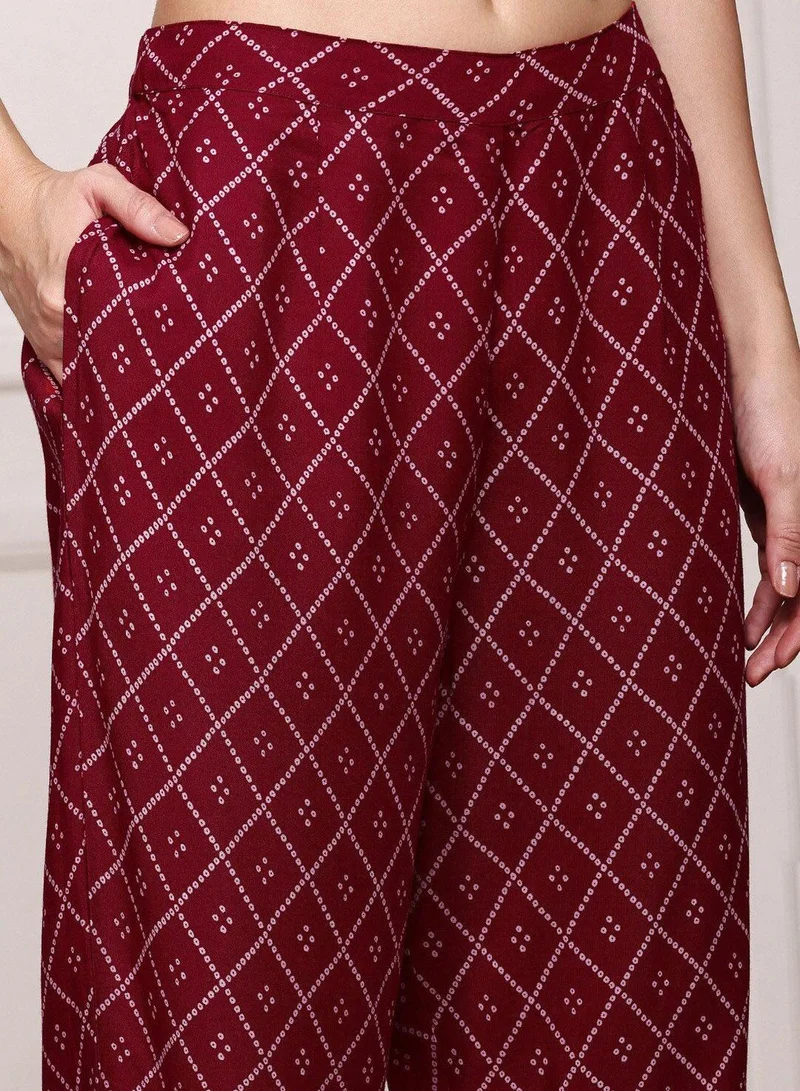 ISHIN Women's Maroon 100% Viscose Embellished Tunic Full Length Palazzo Straight Fit Co-Ords