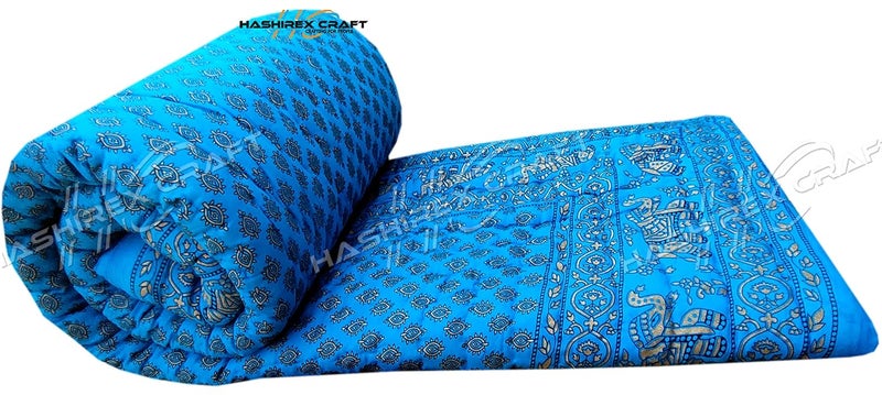 HASHIREX CRAFT Rajasthani Light Weight Double Bed Soft Jaipuri AC QuiltRazai Designer Sky Blue with Classy sanganeri Gold Print Cotton Quilts Blankets for Home Size 85X105 inch Set of 1 razai