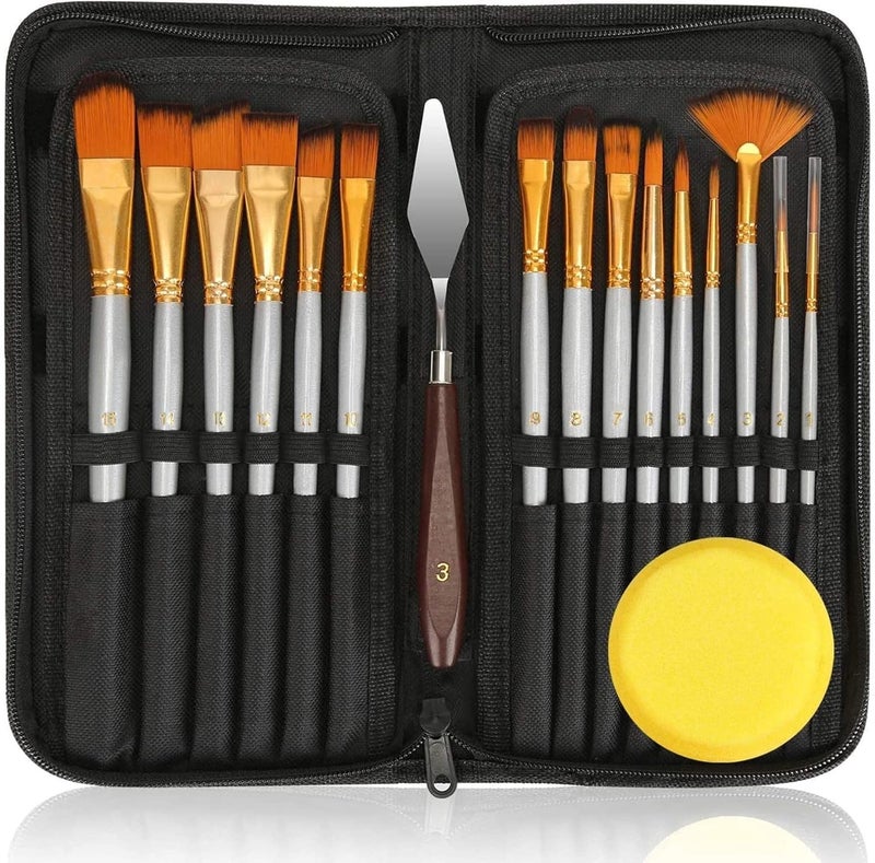 eS3kube eS³kube 15 Pcs Paint Brush Set with Pop-up Carrying Case with 1 Palette knive and 1 Sponge for Acrylic, Oil, Watercolor and Gouache Painting - Image 1